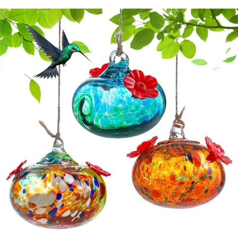 Mangeoire à colibris verre soufflé main, résistante fourmis abeilles, décoration jardin (3 couleurs)