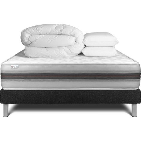 Komplettpaket Bett - Matratze 160x200 cm + Boxspringbett mit Lattenrost (im Set) + 2 Kopfkissen + Bettdecke - Vitalmemo Back