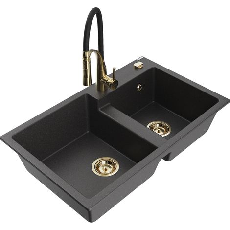 Mexen Tomas évier en granit 2 bacs avec robinet de cuisine Aster, noir moucheté - 6516-76-73450-57-G (1/5)