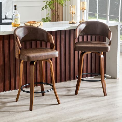 Ensemble de 2 tabourets de bar avec dossier, structure en bois, revêtement en similicuir, 95 cm, tabourets de comptoir uniquement, table non incluse (1/4)