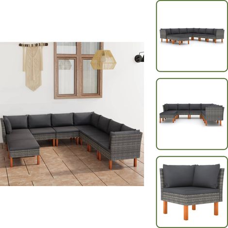 Salon de jardin 9 pcs avec coussins Résine tressée Gris - Salon De Jardin - Mobilier De Jardin - Set De Salon - Canapé D'extérieur - Chaise Longue
