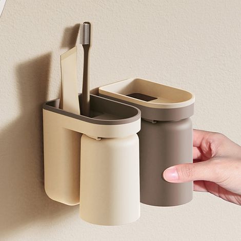 Ensemble porte-brosses à dents et porte-dentifrice mural, sans perçage, support de rangement mural pour brosses à dents, couleur caramel. (1/5)