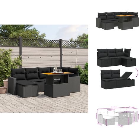Salon de jardin 7 pcs avec coussins noir résine tressée - Ensemble Salon De Jardin - Mobilier Extérieur - Résine Tressée - Rotin Synthétique - Table Extensible (1/4)