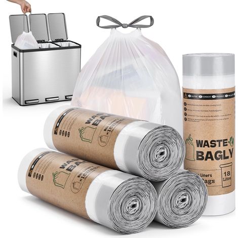 Sac Poubelle 18L avec Liens Coulissants, 60 Pièces, Sac Poubelle Épais et Résistants à la Déchirure, Pré-découpés pour Poubelles de Cuisine, Taille M 44 x 60 cm, Blanc (1/5)