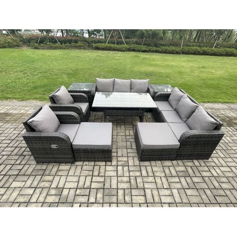 Fimous 10 Seater Rattan Garden Furniture Set Oblong Rectangular Dining Table and Chairs Set with 3 Seater Sofa 2 Big Footstool 2 Side Tables Dark Grey Mixed (1/5)