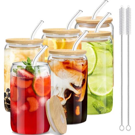 Trinkbecher Set 6er 16oz mit Deckel & Strohhalm, Glasbecher für Bubble Tea, Kaffee, Saft