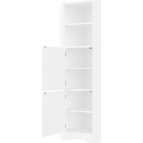 Armoire de salle de bain triangulaire, finition entièrement laquée, deux compartiments ouverts, deux portes, séparateurs réglables, forme simple, blanc (1/5)