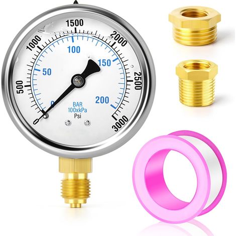 0-210 bar/0-3000 PSI Stainless Steel Liquid Pressure Gauge 1/4" BSP 2.5" DIAL FACE, Bottom Mount with Brass Hex Sockets 3/8" x 1/4" and 1/2" x 1/4" WOG Water Oil Air (1/5)