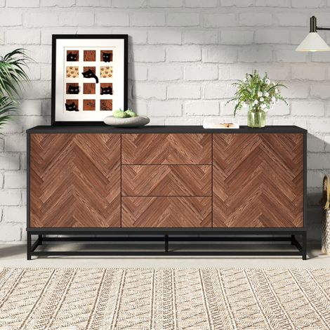 Commode de salon moderne 145 x 40 x 67 cm, 3 tiroirs, 2 portes, largeur 145 cm, structure en métal, séparateurs réglables, coloris bois et noir. (1/5)