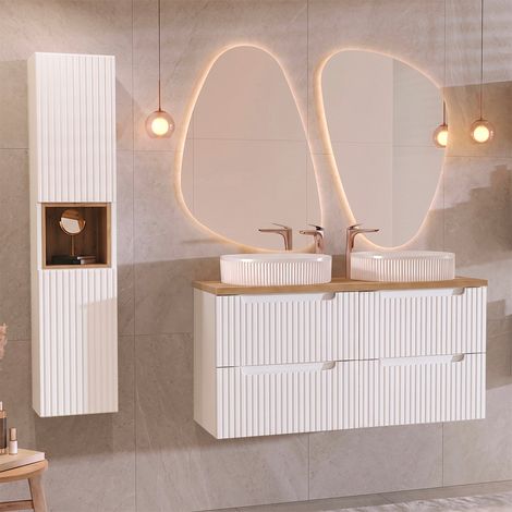 Conjunto de muebles doble lavabo 120cm 4 cajones y columna Riva Blanco y Madera (1/5)