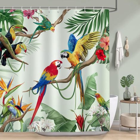 Rideau de Douche Oiseaux Tropicaux Perroquet Feuille Vert Rideau de Bain pour Tissu Polyester Anti Moisissure Imperméable Lavable Rideaux Salle de Bain 180 x 200 cm avec 12 Crochets (1/5)
