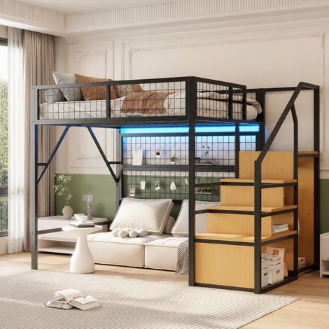 Hochbett 140x200 cm schwarz aus Metall mit Treppe, Stauraum und LED-Lichtband (1/5)