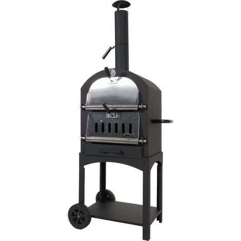 Forno per pizza da giardino doppia griglia pietra refrattaria con ruote HHG-851 166x70x48cm acciaio nero