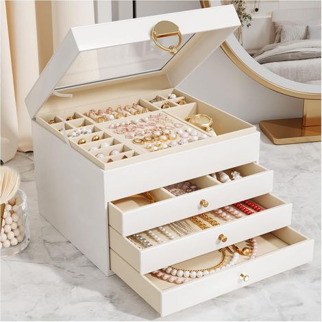 Grande boîte à bijoux avec 4 niveaux - Couvercle transparent - Doublure en velours - Organisateur de bijoux pour boucles d'oreilles, colliers, bracelets - Boîte de rangement moderne pour (1/5)