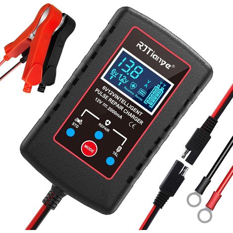 2A Chargeur de Batterie de Voiture,6V/12V Chargeur Intelligent Branchement de Batterie Plomb-Acide pour Tondeuses à Gazon,Motos,Voitures,Bateaux (Prise EU) (1/5)