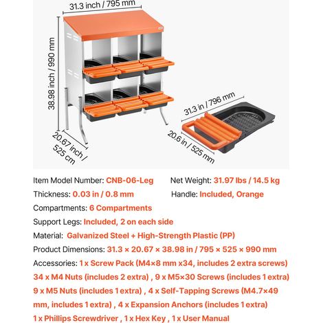VEVOR Chicken Nesting Boxes, 6 Compartments, with Support Legs, Easy Egg Collection, Galvanized Steel and High-Strength Plastic, Roll Away Nesting Boxes for Chickens and Hens Laying Eggs, Orange (1/4)