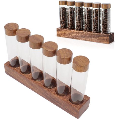 Präsentationsständer für Kaffeebohnen aus Walnussholz, Präsentationsflasche für Glasreagenzgläser, Dekoration für Café oder Bar, eine Reihe mit 6 Löchern (1/5)