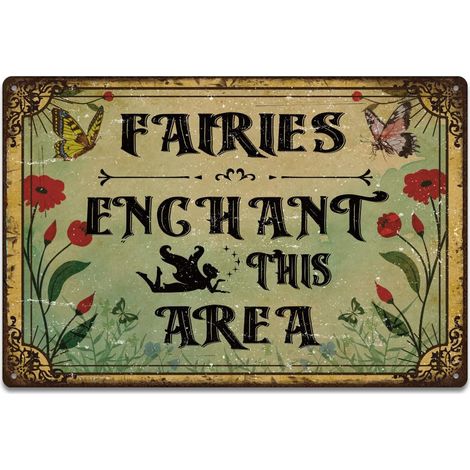 Plaque Metal Vintage Fée Fleurs et Papillon Plaque Metal Decorative Fées Enchantent Cette Zone Art Mural Campagne Affiche Vintage pour Jardin Cour Clôture Salon Porte Décoration Rétro (1/5)