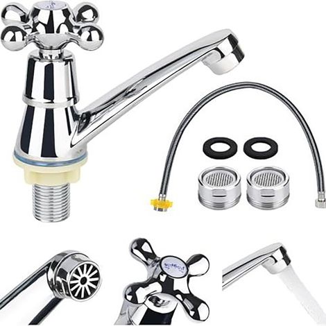 Robinet Lave Main Eau Froide, Robinet Froide Uniquement, avec Filtre et Tuyau de Raccordement, pour Salle de Bain, Cuisine, Lavabo, (1/5)