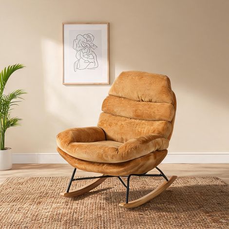 Fauteuil à bascule jaune en tissu et bois massif 103 x 80 x 91 cm (1/5)