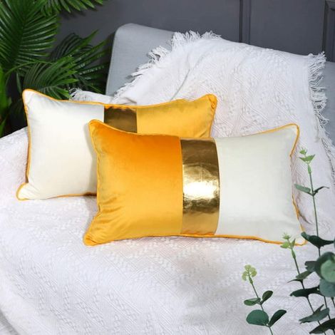 Housse de coussin en cuir patchwork velours jaune beige doré 12x20 lot de 2, taie décorative luxueuse moderne pour canapé salon chambre voiture, coussin élégant (Jaune, 12x20) (1/4)