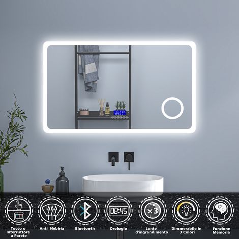 OCEAN 140x80cm Specchio da bagno rettangolare a LED, Bluetooth, antiappannamento, lente d'ingrandimento, orologio, tri-colore dimmerabile (1/5)