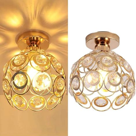 Lot de 2 Plafonniers Modernes en Cristal et Métal, Industriel Luminaire E27 Suspension Lustre Abat-Jour Rétro Éclairage Décoration pour Chambre Entrée Couloir, 20cm (Or) (1/5)