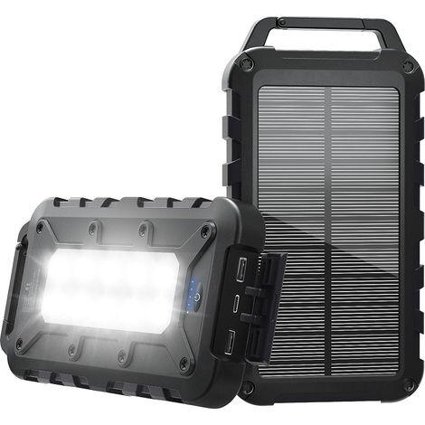 Batterie Externe Solaire 10000mAh PD 22,5W Chargeur Solaire avec 2 Ports USB et Une Entrée USB-C Charge Rapide Batterie Solaire Imperméable Compatible avec Téléphone Tablette Camping Noir (1/5)