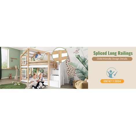 Lit de bébé en bois 90 x 200 cm. Lit à plusieurs étages pour enfants, avec fenêtres pour ventilation et protection contre les chutes. Couleur naturelle ou blanche, 2 sommiers en planches (sans matelas (1/5)