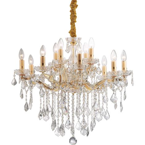 Ideal Lux Florian - Lámpara de araña de cristal de 12 luces, acabado dorado, E14 (1/2)