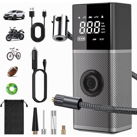 Compresseur d'air portable sans fil 6 000 mAh, batterie rechargeable USB, gonfleur de pneus de voiture 150 psi/10,3 bar/12 V/120 W, avec éclairage d'urgence LED et 5 modes de gonflage pour vélo XXW (1/4)