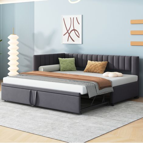 Canapé d'angle convertible 90x200 cm velours gris OKMYHOME (1/5)