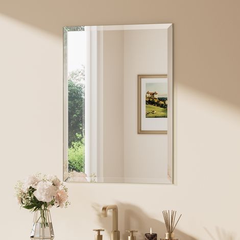 Keonjinn Badspiegel Facettenschliff, 60x80cm Bad Spiegel mit Gehärtetes Glas und Splitterschutzfolie,Rahmenloser Badezimmerspiegel, Rechteckiger Wandspiegel Vertikal Horizontal Möglich, für Garderobe