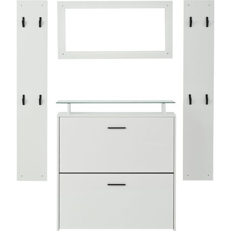Set de recibidor 4 piezas con zapatero alto brillante, 2 percheros y espejo, blanco (1/5)