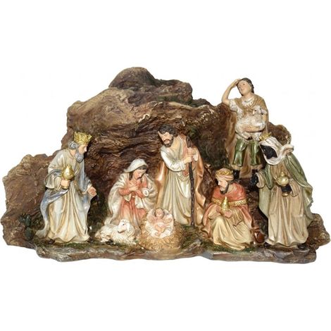 Presepe scenario Completo con Natività Re Maggi pastore in un Tronco Sacra Famiglia Pastorello Pecora Grotta Decorazione Tavola Cose da Casa 31x10x18cm idea regalo natalizia