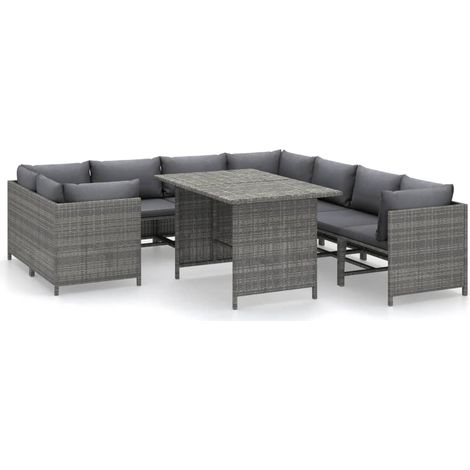 Set de muebles de jardín 9 pzas y cojines ratán sintético gris vidaXL (1/6)