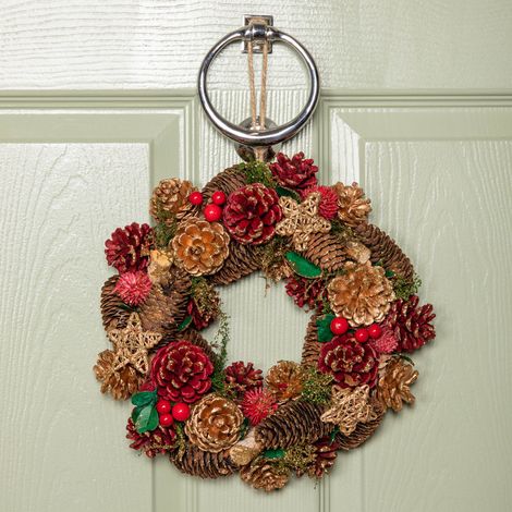 30cm Red Hanging Christmas Wreath with Red Berries and Pinecones (1/5)