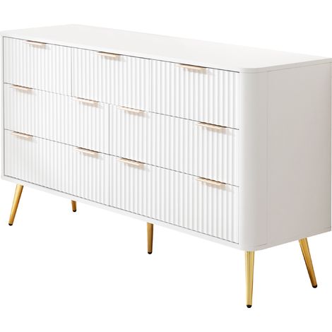 Commode 7 tiroirs, meuble de rangement blanc moderne avec poignées métalliques et glissières à fermeture douce, commode de chambre robuste en MDF pour salon et couloir – dispositif anti-basculement, p