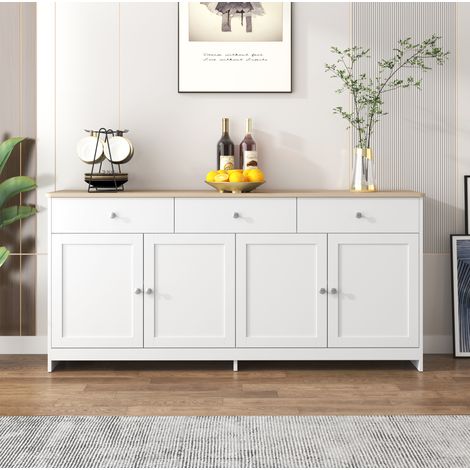 Aparador de MDF blanco y acabado madera 160 x 37 x 75 cm, 4 puertas, 3 cajones, baldas ajustables (1/5)