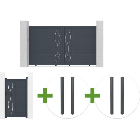 Portail coulissant 3m LIFE H.180cm aluminium gris + Portillon 1m LIFE H.180cm aluminium gris + 4 poteaux ELDA (1/5)