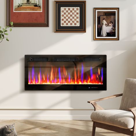 Caminetto elettrico da parete o da incasso, 900W/1800W, effetto fiamma a 12 colori, 5 livelli di luminosità, 106,7x9,4x47 cm, nero. (1/5)