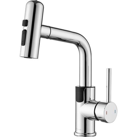 Rubinetto per bagno con indicatore di temperatura a LED, doccetta estraibile, miscelatore per lavabo girevole a 360°, miscelatore monocomando per lavabo con 4 tipi di getto, cromato. (1/5)