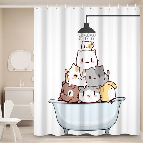 183x198cm Rideau de Douche Chat Mignon Chat de Dessin animé dans la Baignoire Rideaux de Bain imperméable drôle Animal Fournitures de décoration de Baignoire Lavable (1/5)