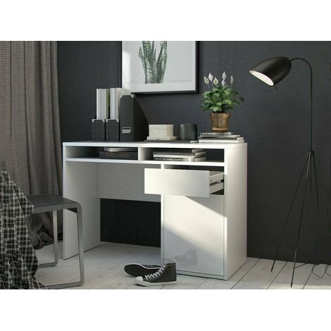 Dmora Linearer Schreibtisch mit einer Tür und einer Schublade, weiß glänzend, 110,2 x 77,4 x 48,2 cm (1/5)