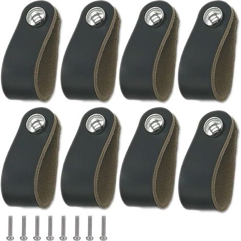 8-teiliges Ledergriffset, schwarzer Lederschrankgriff, Ledergriff mit Schrauben, weicher Türgriff aus PU-Leder, einfach zu montieren, geeignet für alle Arten von Schranktüren und Schubladen