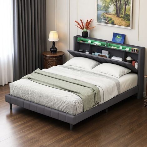 Bett Erwachsene 160x200 cm mit Nachttischschublade, RGB-LEDs, EU-Steckdosen, Lattenrost, modernes Doppelbett aus grauem Leinenstoff