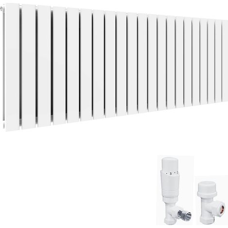 ELEGANT 600 x 1596 mm Horizontal Column Designer Radiator White Double Flat Panel Radiators + White Thermostatic Radiator Valves (1/5)