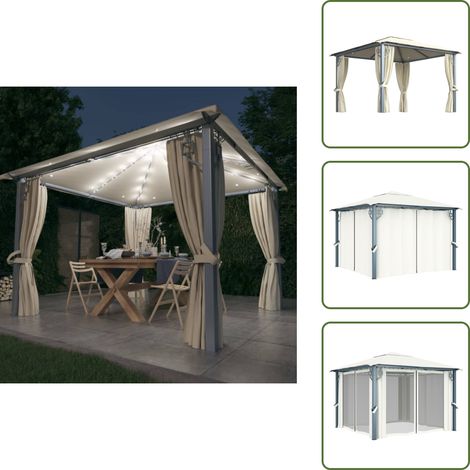 Pavillon mit Vorhängen & LED-Lichterkette 300x300 cm Creme Alu - Pavillon - Gartenzelt - Sommergarten - Außenbereich - Beleuchtung