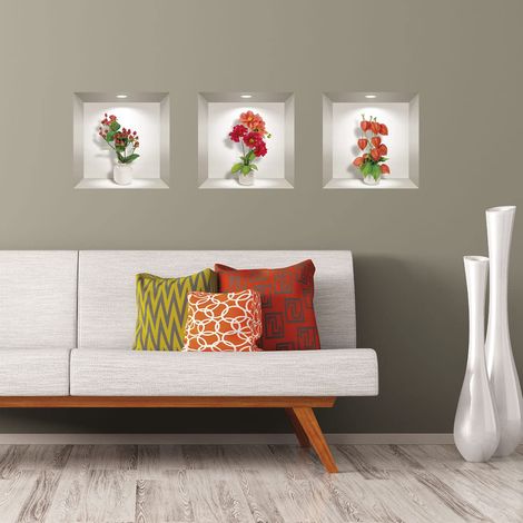 Stickers adhésifs 3D Sticker Mural Autocollant effet 3D Dahlia rouge, orange et fleurs - Stickers muraux Chambre - Stickers muraux 3D - Déco Salon - Autocollants muraux Trompe l'oeil 40x120cm (1/4)