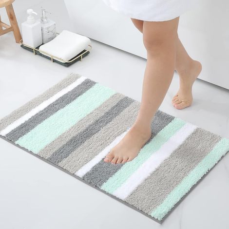Vert Tapis de Bain Antiderapant,Tapis Salle de Bain Rayé en Microfibre Douce, Absorbant à Poils Longs, Lavable en Machine   40 x 60 cm (1/5)